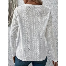 Plus Size Casual Top, Women's Plus Solid Eyelet Embroidered Long Sleeve Round Neck Slight Stretch Top