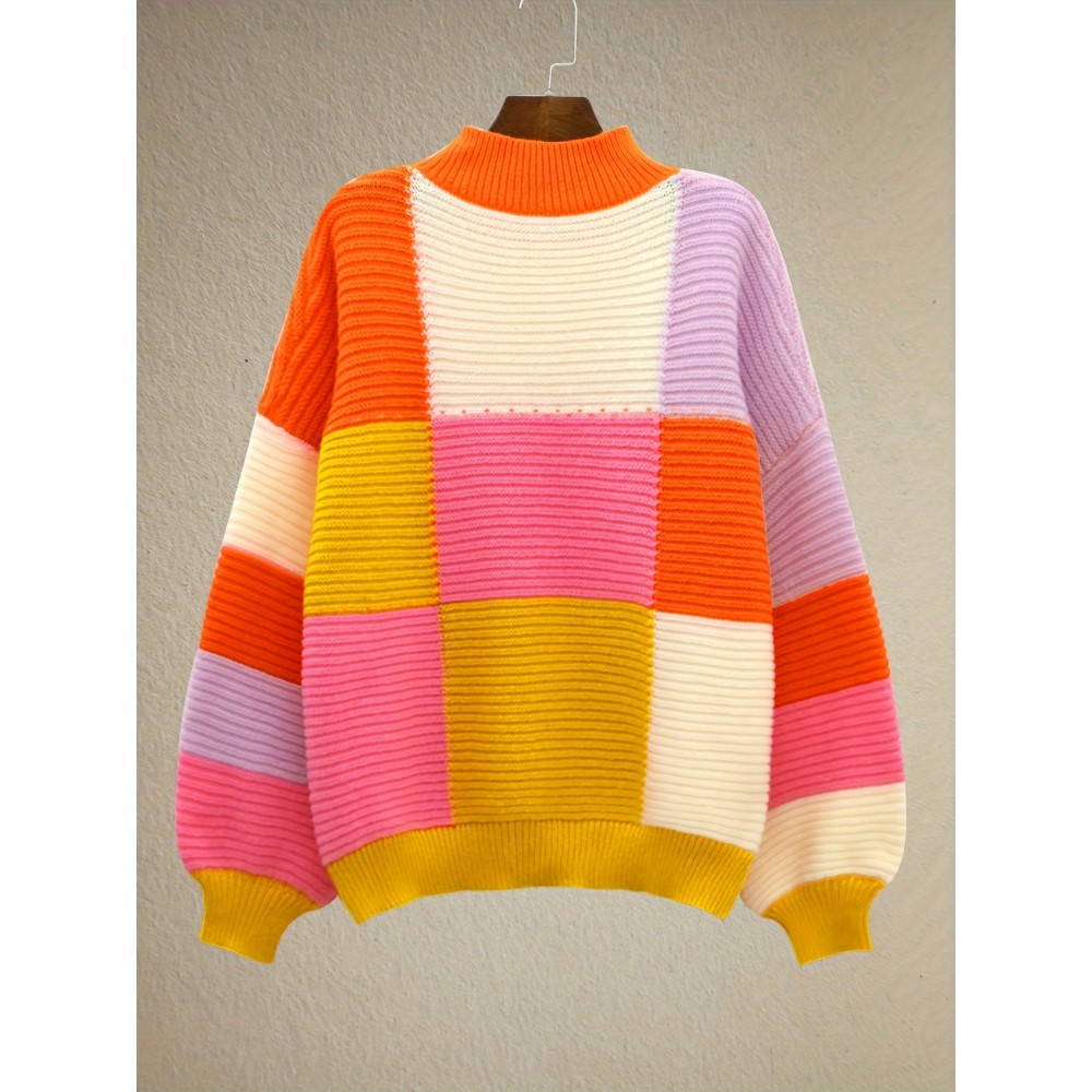 Plus Size Y2K Sweater, Women's Plus Colorblock Grid Print Lantern Sleeve Round Neck Jumper