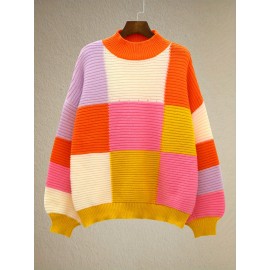 Plus Size Y2K Sweater, Women's Plus Colorblock Grid Print Lantern Sleeve Round Neck Jumper