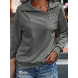 Plus Size Zipper Solid Top, Casual Long Sleeve Top For Spring & Fall, Women's Clothing