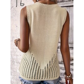 Plus Size Solid Cut Out Knitted Top, Casual Crew Neck Sleeveless Top, Women's Plus SizeÂ Clothing