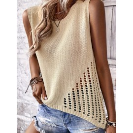 Plus Size Solid Cut Out Knitted Top, Casual Crew Neck Sleeveless Top, Women's Plus SizeÂ Clothing