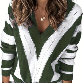 Chic Plus Size Striped V-Neck Sweater - Stretchy Knit Long Sleeve Pullover for Casual Wear