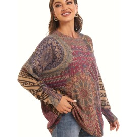 Cozy Plus Size Floral Sweater - Stylish Crew Neck Design - Long Sleeve Winter Wear for Trendsetting Women