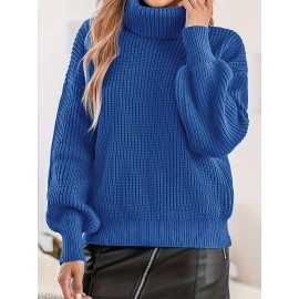 Women's Elegant Sweater, Plus Size Solid Long Sleeve Turtleneck Drop Shoulder Jumper