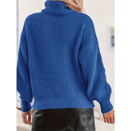 Women's Elegant Sweater, Plus Size Solid Long Sleeve Turtleneck Drop Shoulder Jumper