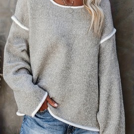 Comfy Plus-Size Crew Neck Sweater - Casual Solid Color with Slight Stretch, Machine Washable, Perfect for Spring/Fall