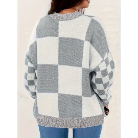 Plus Size Plaid Pattern Color Block Sweater, Casual Crew Neck Long Sleeve Sweater For Fall & Winter, Women's Plus Size Clothing