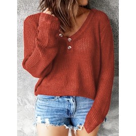 Plus Size Casual Sweater, Women's Plus Solid Button Decor Long Sleeve V Neck Slight Stretch Sweater