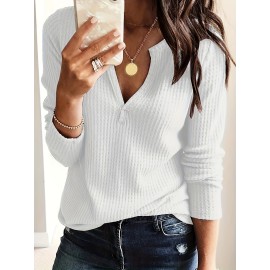 Plus Size Basic Knit Top, Women's Plus Solid Long Sleeve Notched Neck Knit Top