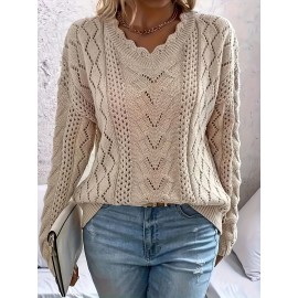 Plus Size Scallop Trim Cut Out Sweater, Casual Long Sleeve V Neck Sweater For Fall & Winter, Women's Plus SizeÂ Clothing