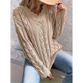 Plus Size Scallop Trim Cut Out Sweater, Casual Long Sleeve V Neck Sweater For Fall & Winter, Women's Plus SizeÂ Clothing