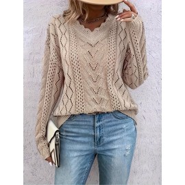 Plus Size Scallop Trim Cut Out Sweater, Casual Long Sleeve V Neck Sweater For Fall & Winter, Women's Plus SizeÂ Clothing