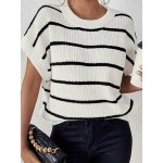 Plus Size Stripe Pattern Knit Sweater, Casual V Neck Short Sleeve Sweater For Fall & Spring, Women's Plus Size Clothing