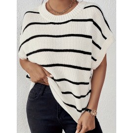 Plus Size Stripe Pattern Knit Sweater, Casual V Neck Short Sleeve Sweater For Fall & Spring, Women's Plus Size Clothing