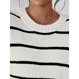 Plus Size Stripe Pattern Knit Sweater, Casual V Neck Short Sleeve Sweater For Fall & Spring, Women's Plus Size Clothing