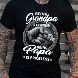 Grandpa/ Tropical Island Print, Men's Graphic Design Crew Neck Niche T-shirt, Casual Comfy Tees Tshirts For Summer, Men's Clothing Tops For Daily Vacation Resorts