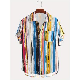 Men's Vertical Striped Short Sleeve Button Up Shirt - Casual Summer Vacation Top