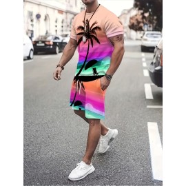 Men's Casual 2pcs Set, Coconut Palm Print T-shirt + Active Shorts Matching Set For Fitness