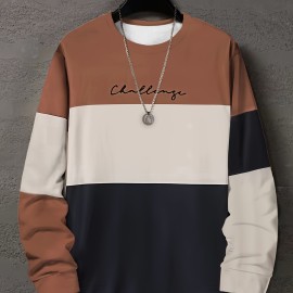 Color Block Trendy Sweatshirt, Men's Casual Graphic Design Slightly Stretch Crew Neck Pullover Sweatshirt For Autumn Winter