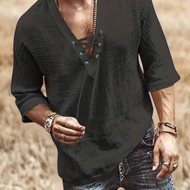 Men's Retro Shirt Top V Neck Lace Up Collar Middle Sleeves Closure Regular Fit Male Casual Shirt For Daily Beach Resorts Summer