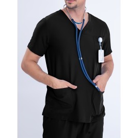 2-piece Men's Solid Summer Workwear Outfit Set, Men's Short Sleeve V-neck Top With Pocket Design & Long Pants Set