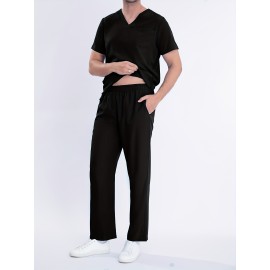 2-piece Men's Solid Summer Workwear Outfit Set, Men's Short Sleeve V-neck Top With Pocket Design & Long Pants Set