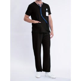 2-piece Men's Solid Summer Workwear Outfit Set, Men's Short Sleeve V-neck Top With Pocket Design & Long Pants Set