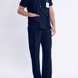 2-piece Men's Solid Summer Workwear Outfit Set, Men's Short Sleeve V-neck Top With Pocket Design & Long Pants Set