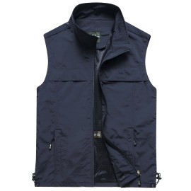 Zipper Pockets Cargo Vest, Men's Casual Outwear Stand Collar Zip Up Vest For Spring Summer Outdoor Fishing Photography