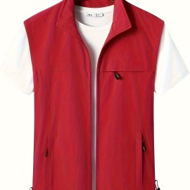 Zipper Pockets Cargo Vest, Men's Casual Outwear Stand Collar Zip Up Vest For Spring Summer Outdoor Fishing Photography