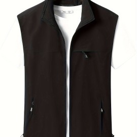 Zipper Pockets Cargo Vest, Men's Casual Outwear Stand Collar Zip Up Vest For Spring Summer Outdoor Fishing Photography