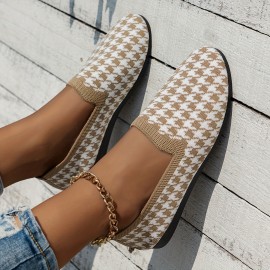 Women's Houndstooth Pattern Shoes, Slip On Soft Sole Flat Breathable Shoes, Lightweight Low-top Knitted Shoes