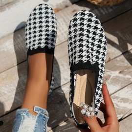 Women's Houndstooth Pattern Shoes, Slip On Soft Sole Flat Breathable Shoes, Lightweight Low-top Knitted Shoes