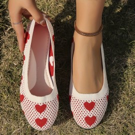 Women's Heart Print Mesh Flast, Knitted Lightweight Soft Sole Casual Ballets, Breathable Low-top Valentine's Day Shoes