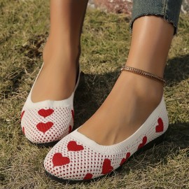 Women's Heart Print Mesh Flast, Knitted Lightweight Soft Sole Casual Ballets, Breathable Low-top Valentine's Day Shoes