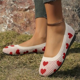 Women's Heart Print Mesh Flast, Knitted Lightweight Soft Sole Casual Ballets, Breathable Low-top Valentine's Day Shoes