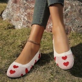 Women's Heart Print Mesh Flast, Knitted Lightweight Soft Sole Casual Ballets, Breathable Low-top Valentine's Day Shoes