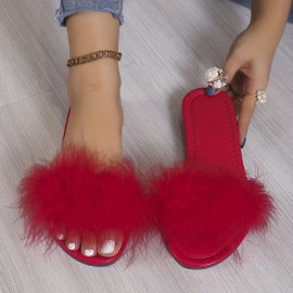 Women's Solid Color Slide Sandals, Casual Faux Fur Decor Summer Shoes, Lightweight Slide Sandals