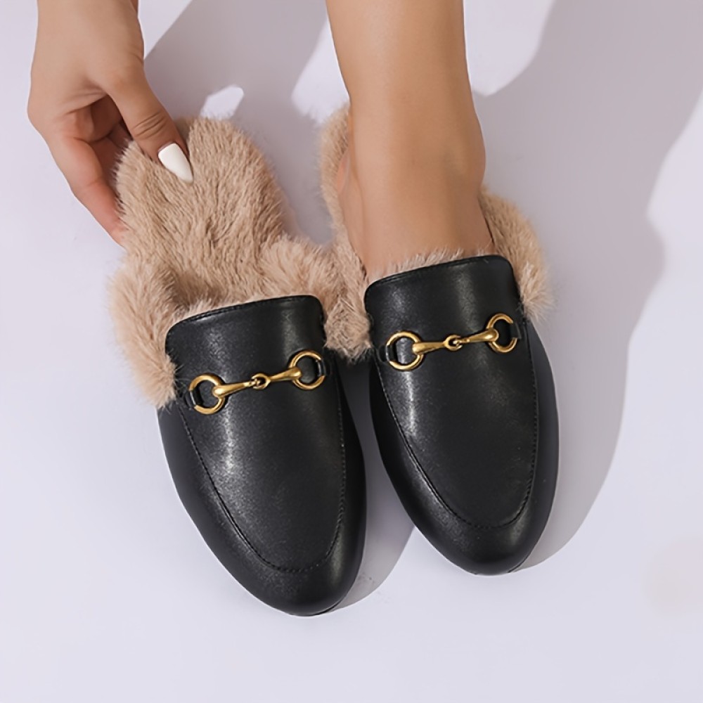 Women's Solid Color Fluffy Flats, Metallic Buckle Decor Comfy Fleece Lining Shoes, Winter Warm Plush Slides Shoes