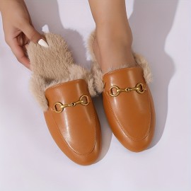 Women's Solid Color Fluffy Flats, Metallic Buckle Decor Comfy Fleece Lining Shoes, Winter Warm Plush Slides Shoes