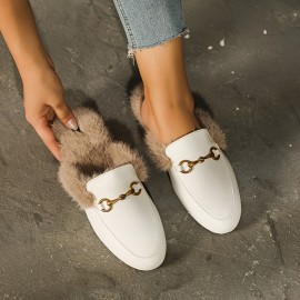 Women's Solid Color Fluffy Flats, Metallic Buckle Decor Comfy Fleece Lining Shoes, Winter Warm Plush Slides Shoes