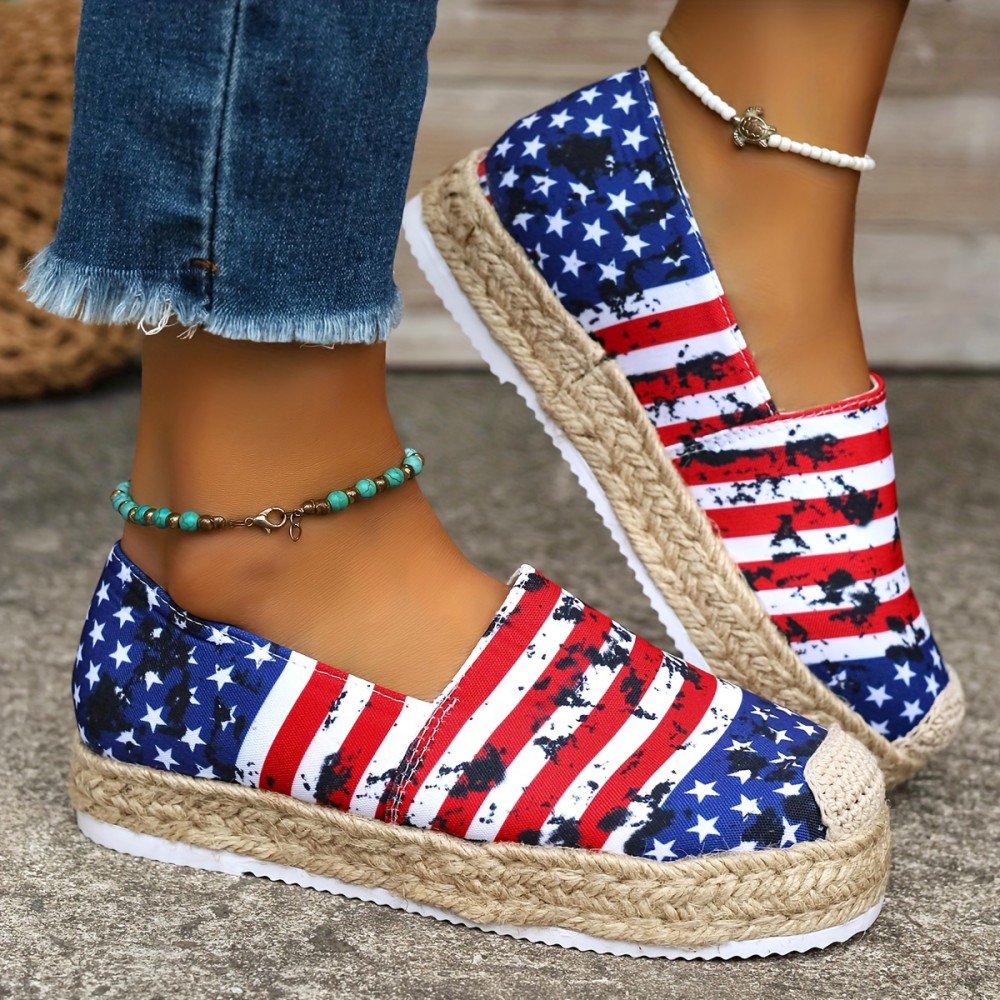 Women's Flag Pattern Espadrille Flats, Casual Round Toe Slip On Flatform Canvas Shoes, Breathable Low Top Shoes