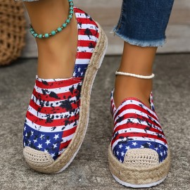 Women's Flag Pattern Espadrille Flats, Casual Round Toe Slip On Flatform Canvas Shoes, Breathable Low Top Shoes