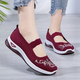 Women's Floral Embroidered Flats, Ankle Band Soft Sole Platform Shallow Mouth Shoes, Low-top Walking Comfy Shoes