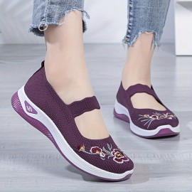 Women's Floral Embroidered Flats, Ankle Band Soft Sole Platform Shallow Mouth Shoes, Low-top Walking Comfy Shoes