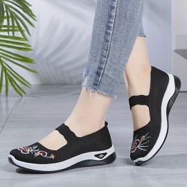 Women's Floral Embroidered Flats, Ankle Band Soft Sole Platform Shallow Mouth Shoes, Low-top Walking Comfy Shoes