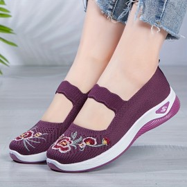 Women's Floral Embroidered Flats, Ankle Band Soft Sole Platform Shallow Mouth Shoes, Low-top Walking Comfy Shoes