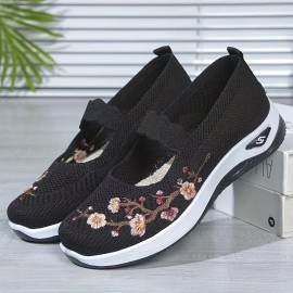 Women's Knitted Flat Shoes, Comfy Floral Embroidered Slip On Shoes, Outdoor Casual & Comfy Shoes