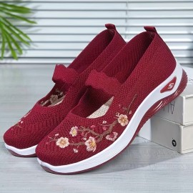 Women's Knitted Flat Shoes, Comfy Floral Embroidered Slip On Shoes, Outdoor Casual & Comfy Shoes